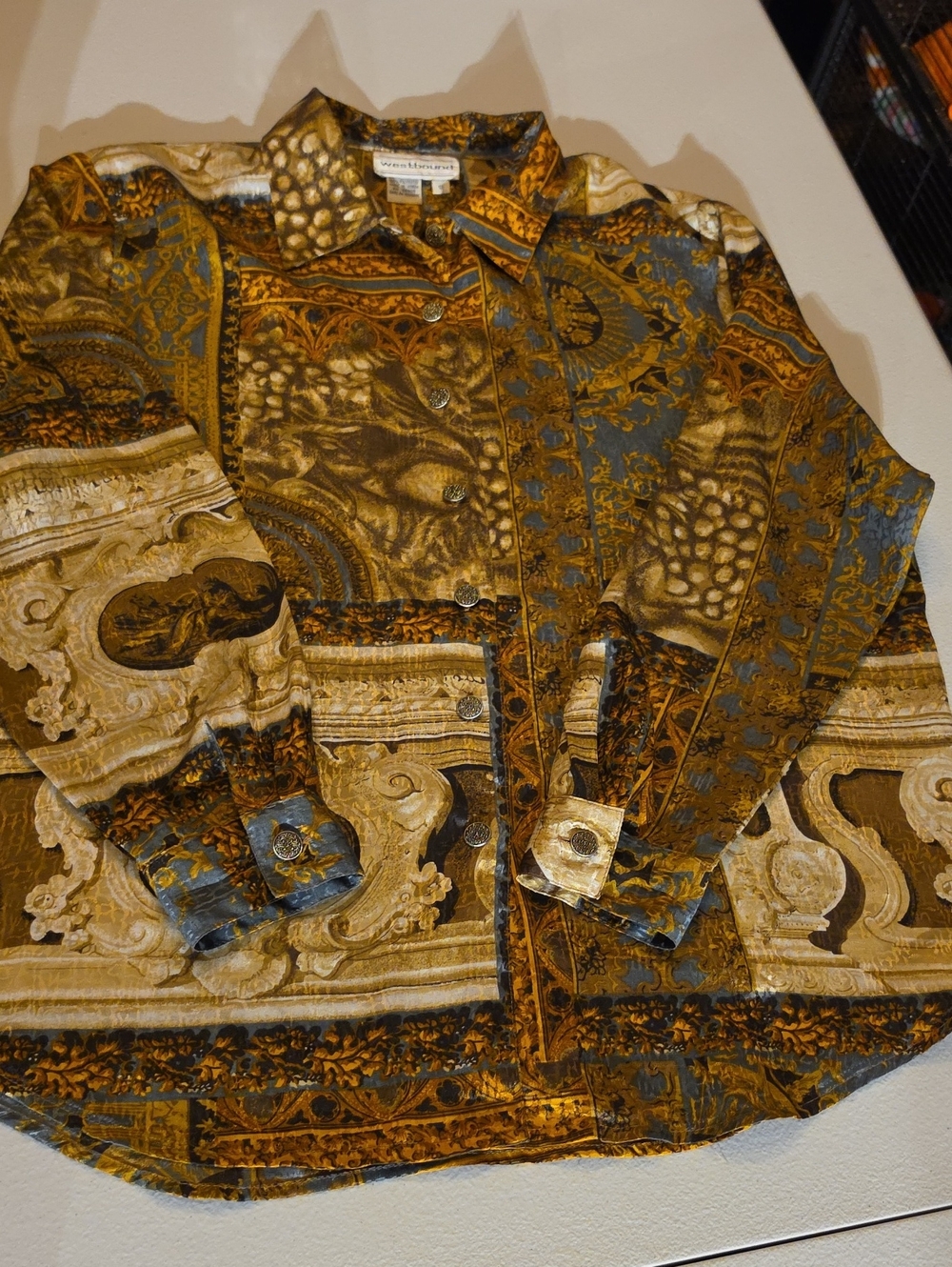 Westbound Gold and Blue Baroque Print Button-Front Blouse